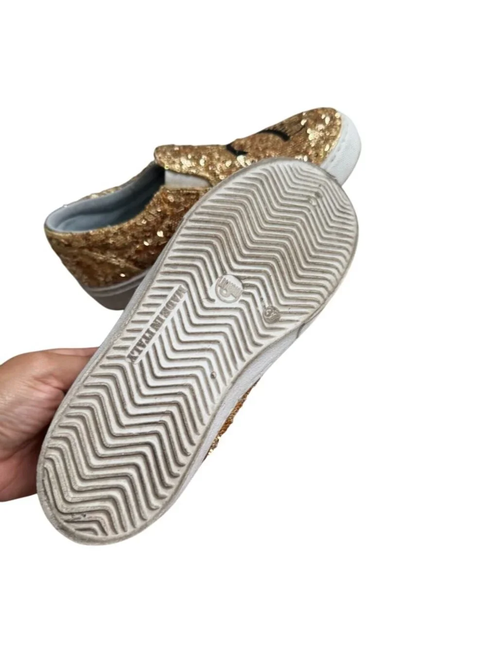 CHIARA FERRAGNI Gold Sequin Slip On Sneakers Size 37 / US 7